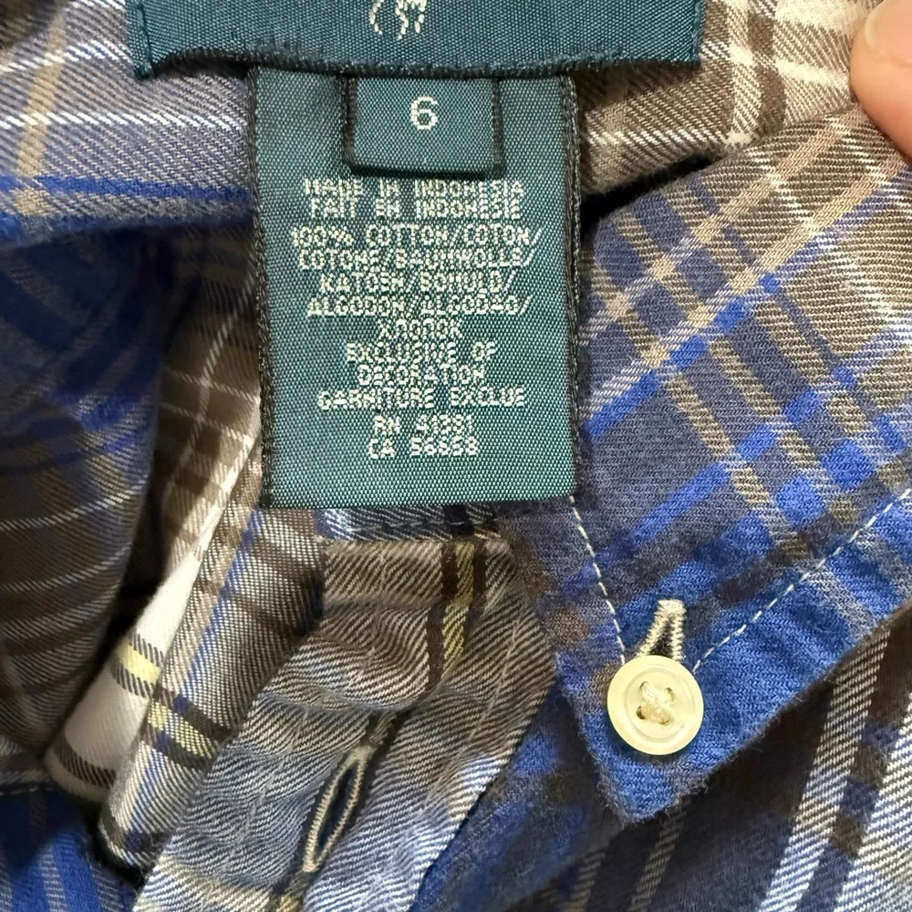 Polo Ralph Lauren Tartan Plaid Flannel Shirt Youth 6 100% Cotton Blue